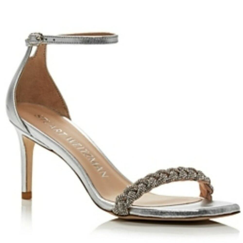 Stuart Weitzman Silver Braided-Strap Ankle Strap Sandal